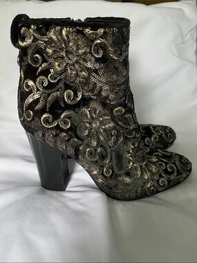 Guess Black Velvet Ankle Boots with Gold Embroidered Sequins